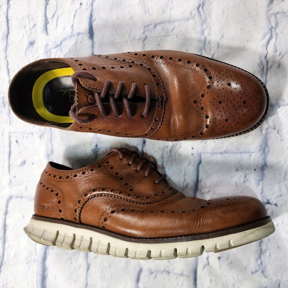 Cole Haan MENS 8 W ZeroGrand Wingtip Oxford Shoe Leather British Tan C14493 - Picture 1 of 9